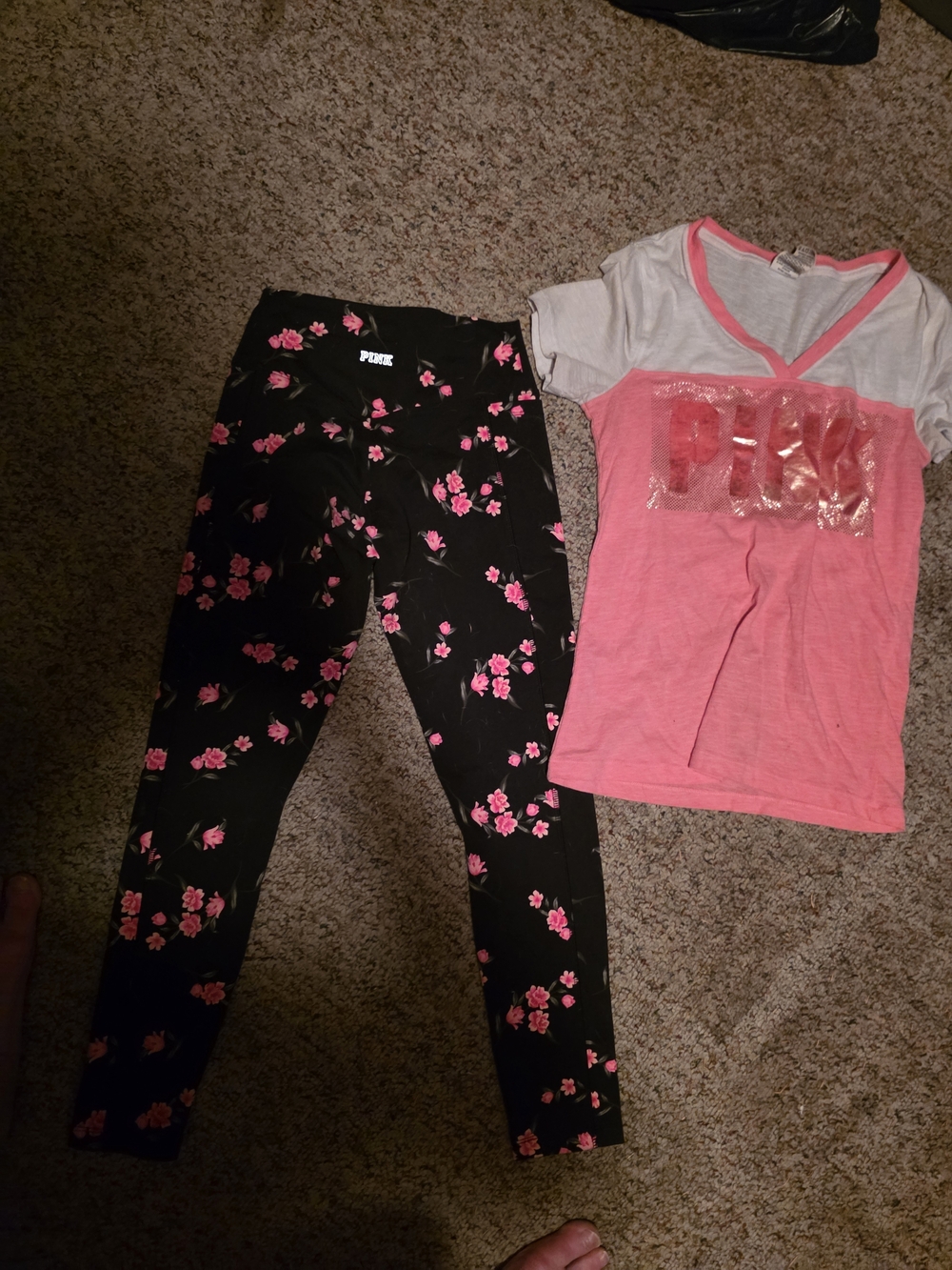 PINK Victoria's Secret Black Leggings with Pink Floral & Pink Logo Tee - Picture 2 of 6